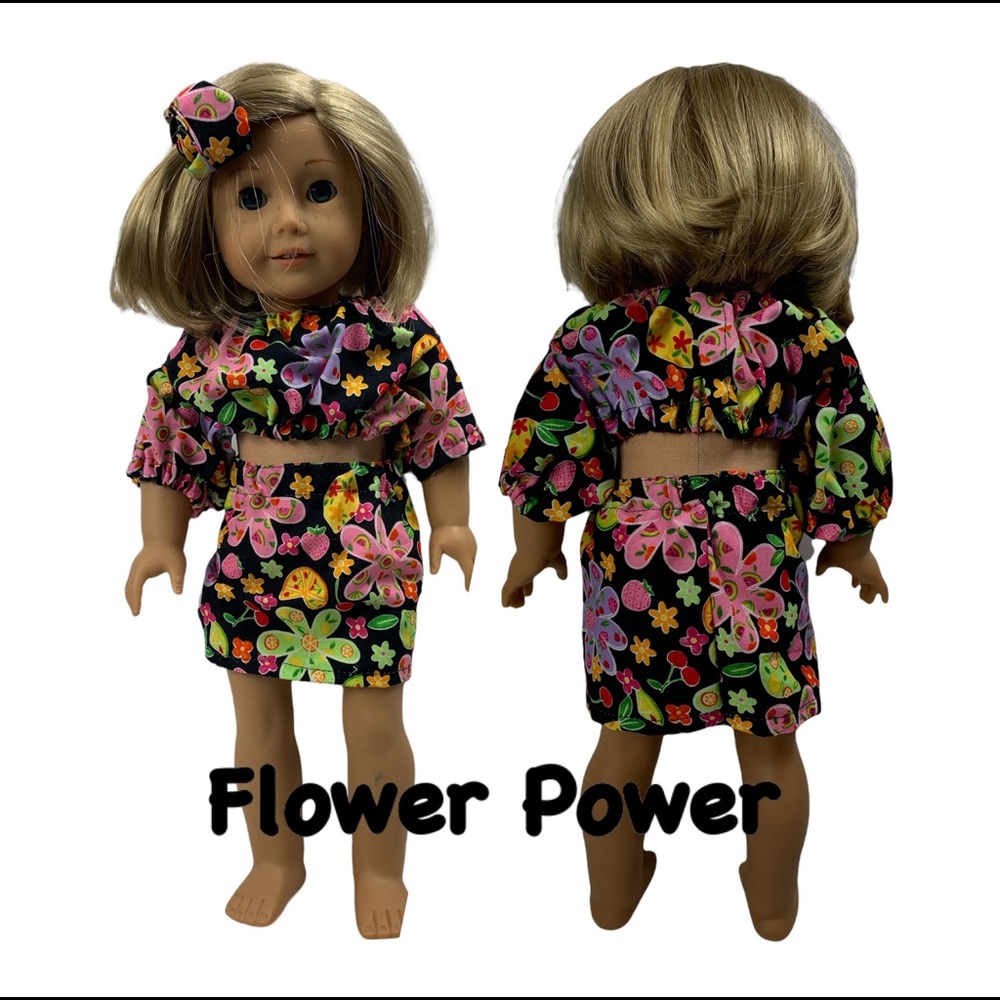 18” Doll Clothes- Crop Top, Skirt, PLUS a Matching Scrunchie For Doll and You